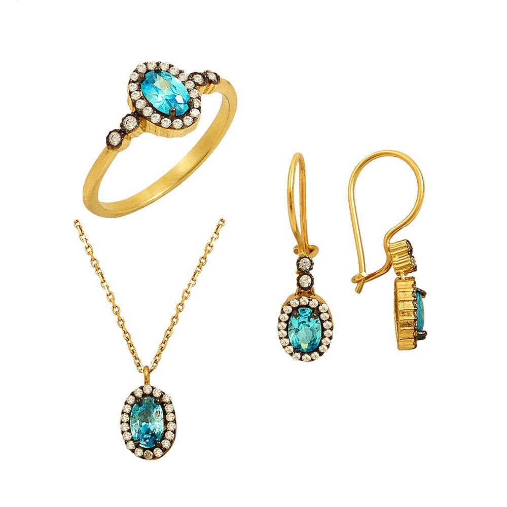 Aquamarine Taşlı Altın Üçlü Set