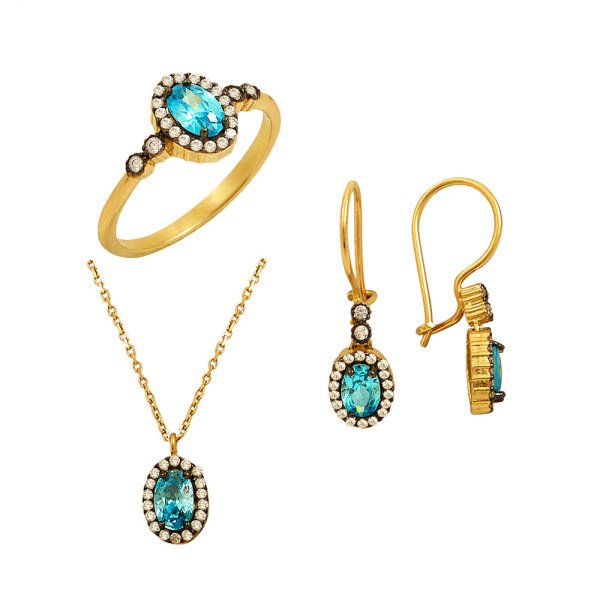 Aquamarine Taşlı Altın Üçlü Set