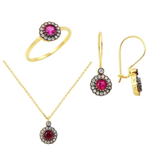 Ametist Taşlı Altın Üçlü Set