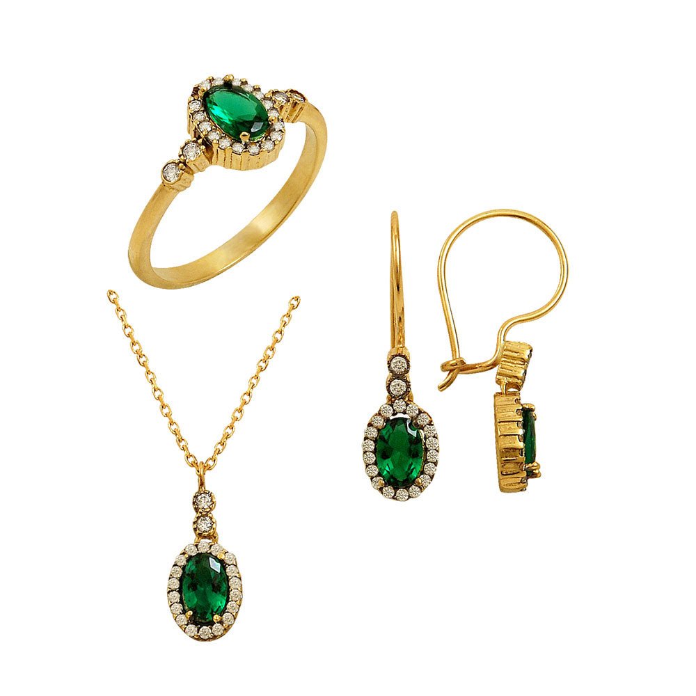 Yeşil Oval Taşlı Altın Üçlü Set