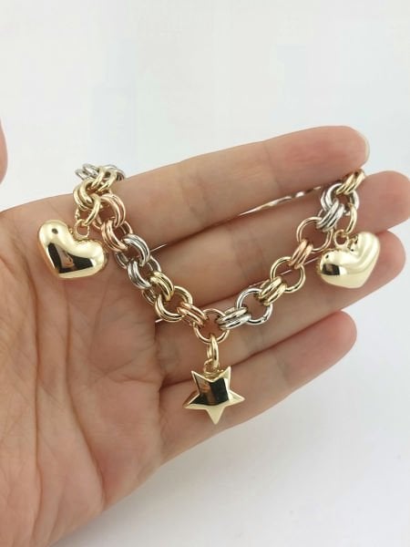 14 Ayar Altın Kalp ve Yıldız Charmlı Bileklik Özel Tasarım - 18.30 Gram ABYBLK0126