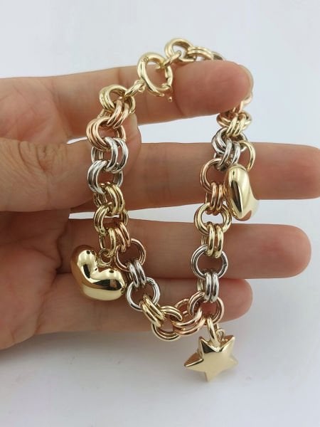 14 Ayar Altın Kalp ve Yıldız Charmlı Bileklik Özel Tasarım - 18.30 Gram ABYBLK0126