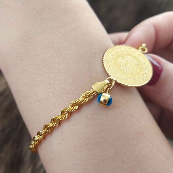 22 Ayar Yatırımlık Yeni Yarım Altınlı 14 Ayar Halat Zincirli Bileklik