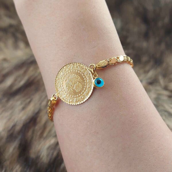 22 Ayar Yatırımlık Yeni Yarım Altınlı 14 Ayar Pullu Zincirli Bileklik