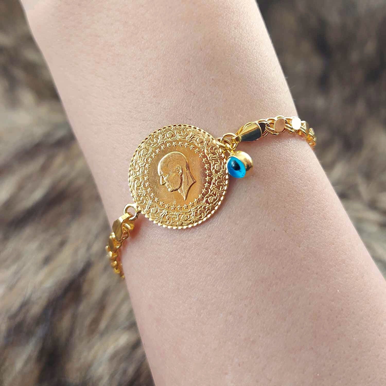 22 Ayar Yatırımlık Yeni Yarım Altınlı 14 Ayar Pullu Zincirli Bileklik