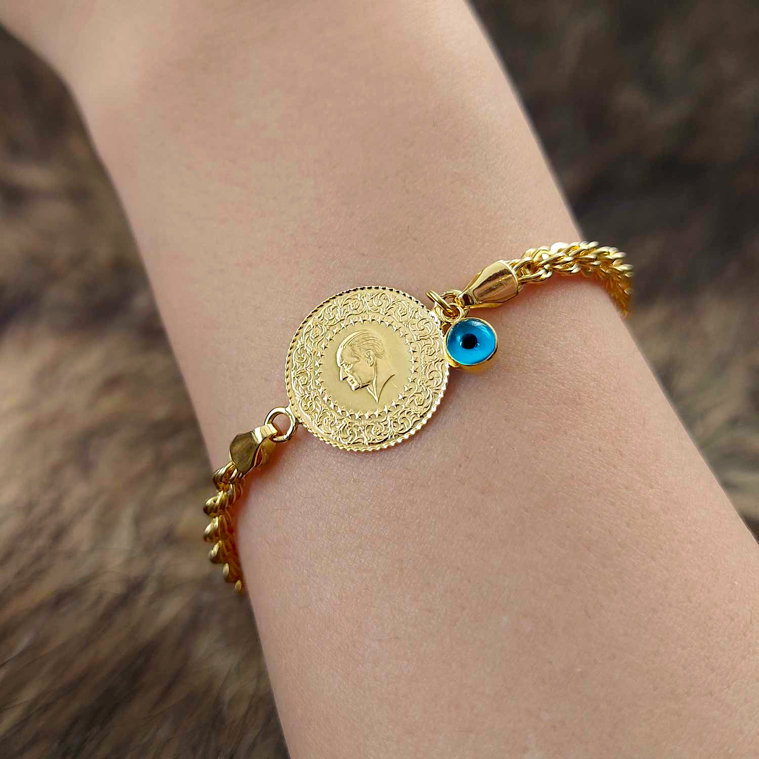 22 Ayar Çeyrek Altınlı 14 Ayar Halat Zincirli Bileklik