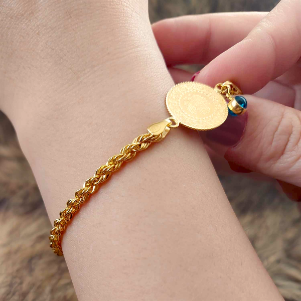 22 Ayar Çeyrek Altınlı 14 Ayar Halat Zincirli Bileklik