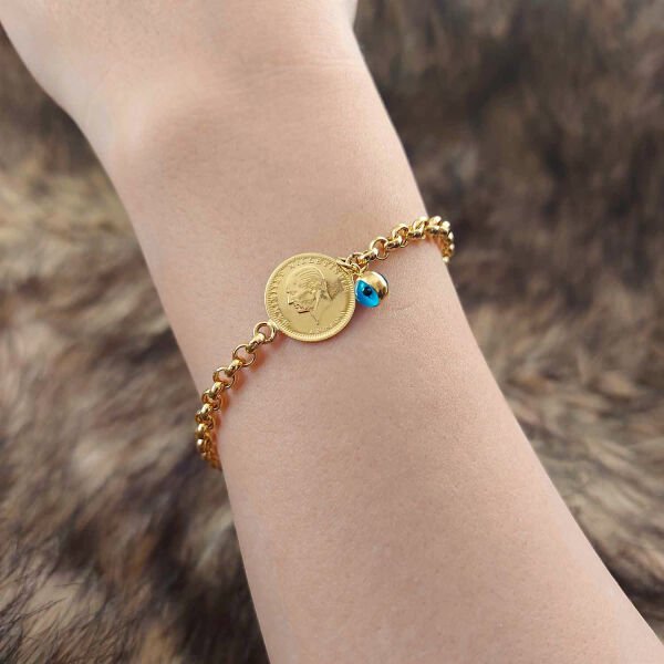 22 Ayar Ata Çeyrek Altın Detaylı 14 Ayar Altın Kordon Bileklik