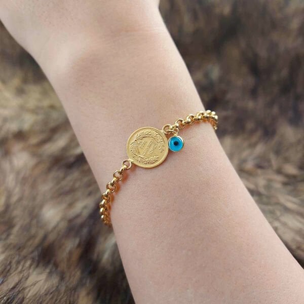 22 Ayar Ata Çeyrek Altın Detaylı 14 Ayar Altın Kordon Bileklik