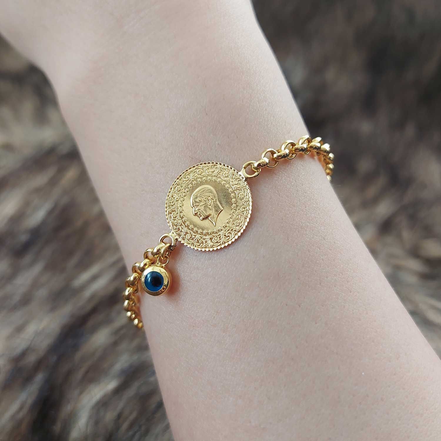 22 Ayar Yatırımlık Yeni Çeyrek Altınlı 14 Ayar Zincirli Bileklik