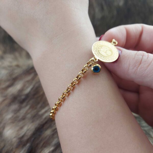 22 Ayar Yatırımlık Yeni Çeyrek Altınlı 14 Ayar Zincirli Bileklik