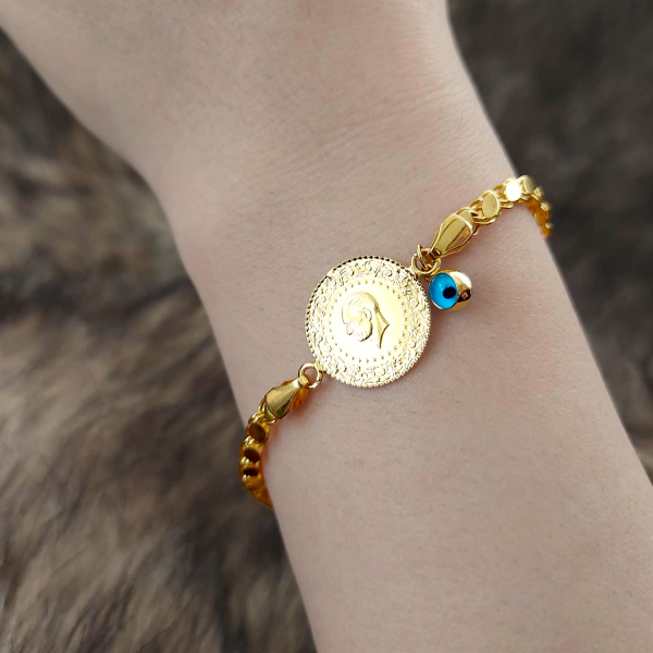 22 Ayar Yatırımlık Yeni Çeyrek Altınlı 14 Ayar Pullu Zincirli Bileklik