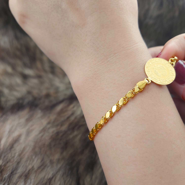 22 Ayar Yatırımlık Yeni Çeyrek Altınlı 14 Ayar Pullu Zincirli Bileklik