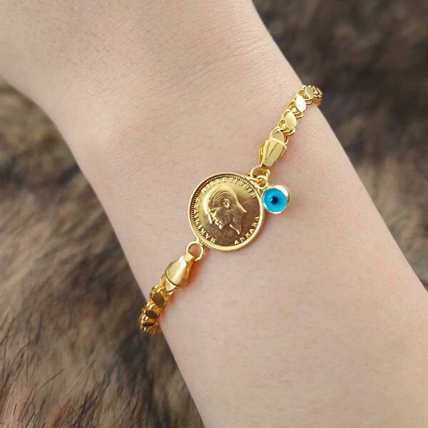 Ata Çeyrek Altınlı 14/22 Ayar Nazar Boncuklu Şık Altın Bileklik