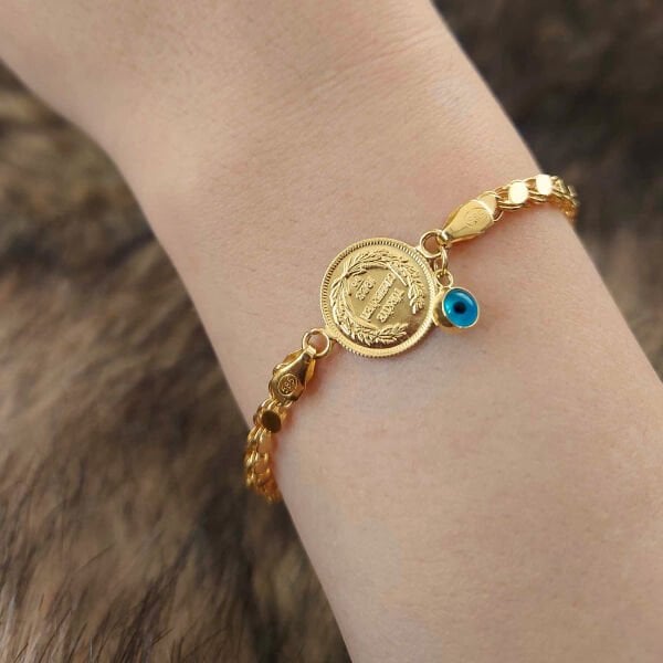 Ata Çeyrek Altınlı 14/22 Ayar Nazar Boncuklu Şık Altın Bileklik