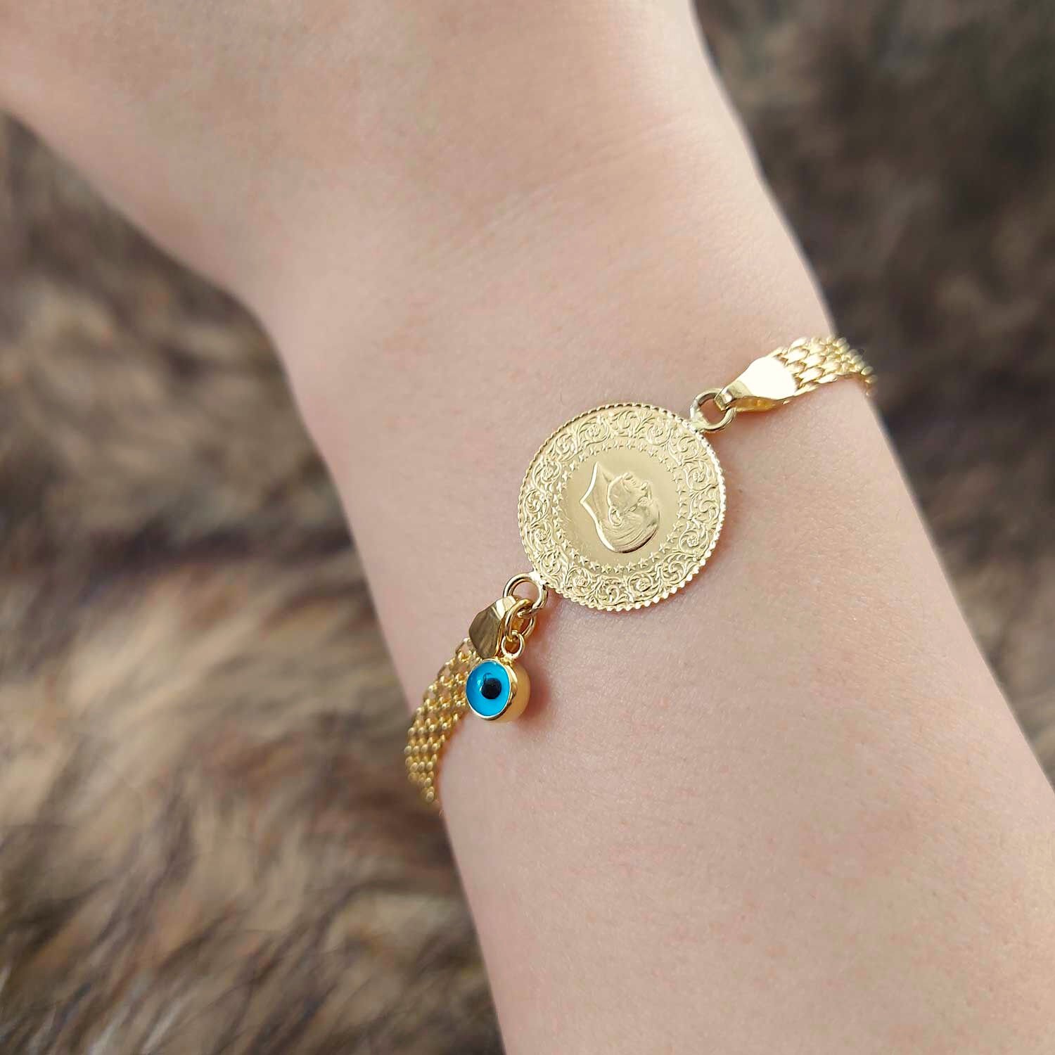 22 Ayar Yatırımlık Yeni Çeyrek Altınlı 14 Ayar Kordonlu Nazar Boncuklu Bileklik