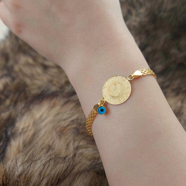 22 Ayar Yatırımlık Yeni Çeyrek Altınlı 14 Ayar Kordonlu Nazar Boncuklu Bileklik