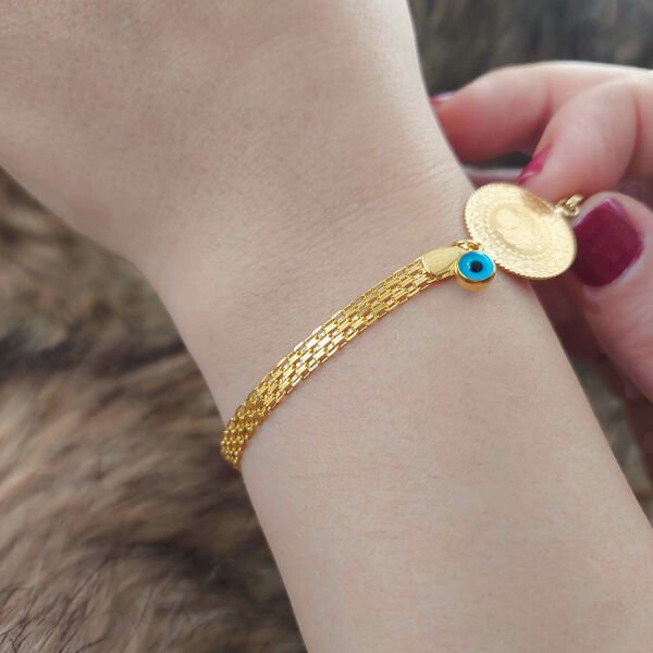 22 Ayar Yatırımlık Yeni Çeyrek Altınlı 14 Ayar Kordonlu Nazar Boncuklu Bileklik