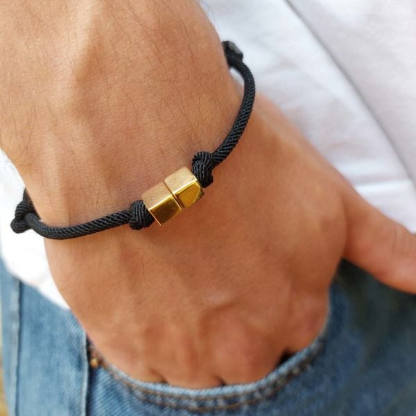 14 Ayar Altın İki Küplü Ayarlanabilir Erkek Bilekliği Siyah