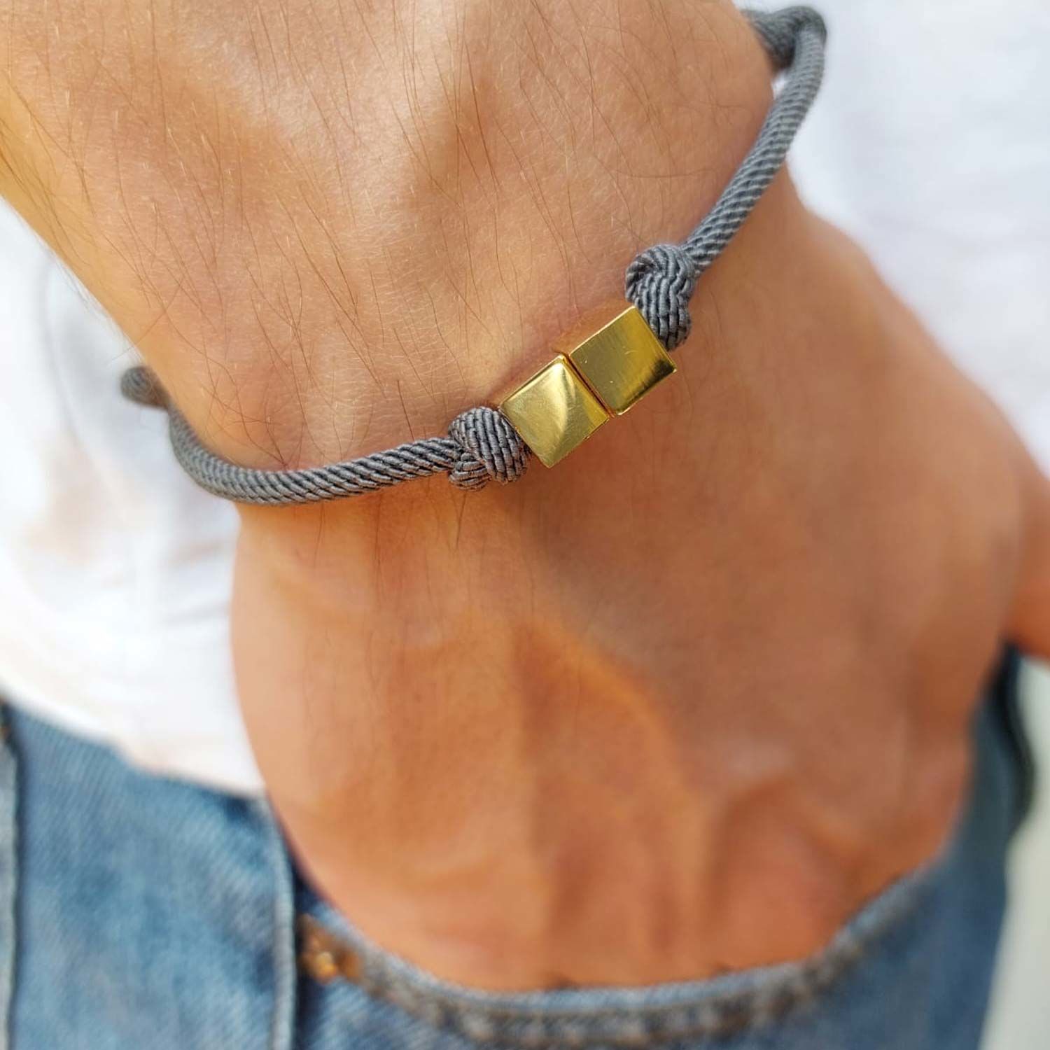 14 Ayar Altın İki Küplü Ayarlanabilir Erkek Bilekliği Gri