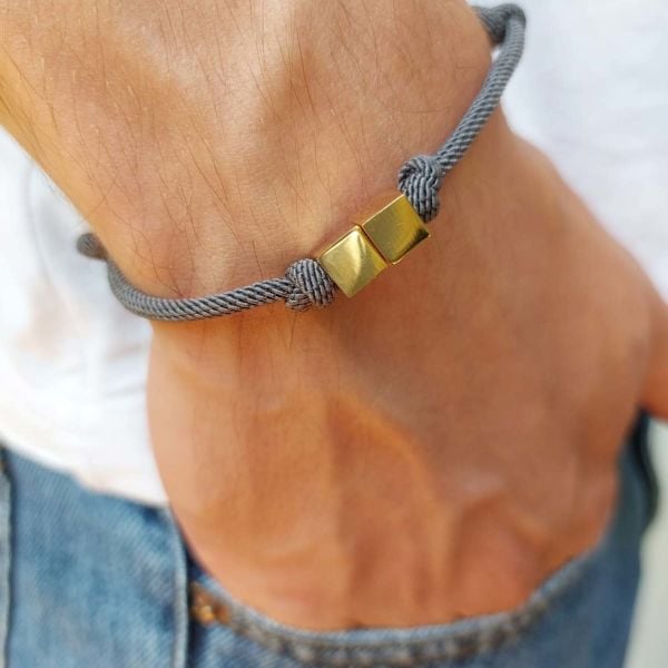 14 Ayar Altın İki Küplü Ayarlanabilir Erkek Bilekliği Gri